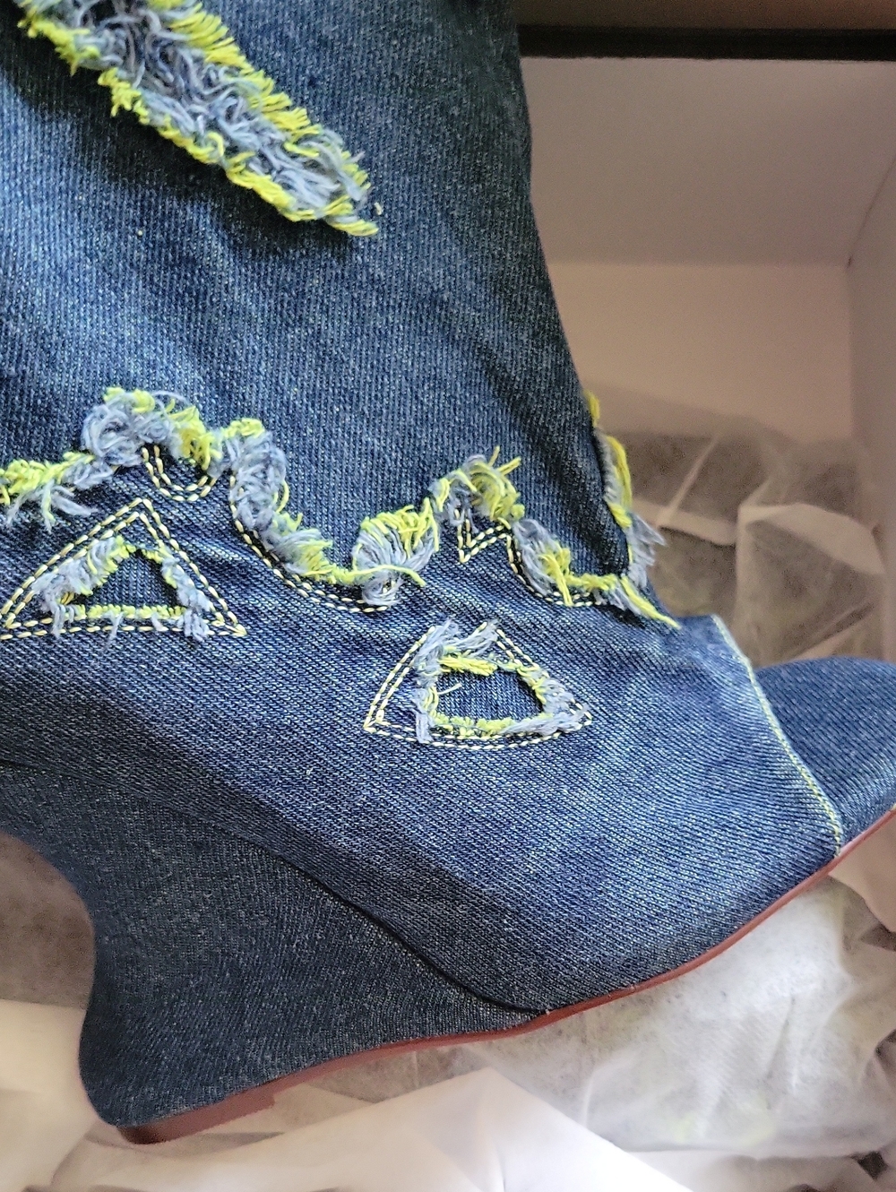 AZALEA WANG Denim Wedge Knee Boots with Green Embroidered Accents - Picture 4 of 8